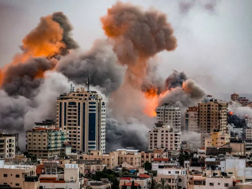A ball of fire and smoke rises during an Israeli airstrikes in the Gaza Strip, on October 9, 2023. Photo by Atia Mohammed/Flash90
