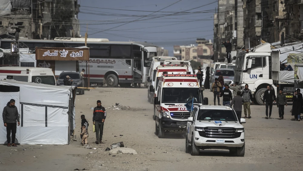 A convoy transporting Palestinians heads towards the Rafah Crossing with Egypt after it reopens for the first time since the U.S.-Israeli war on the Iranian regime started, March 19, 2026. Photo by Bashar Taleb/AFP via Getty Images.