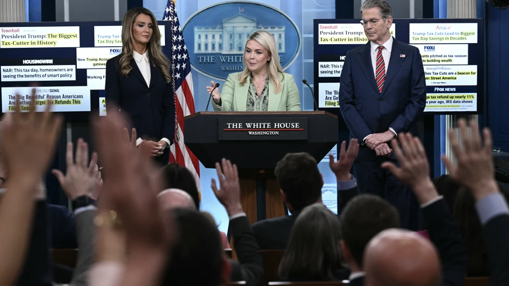 White House Press Secretary Karoline Leavitt speaks during a press briefing with U.S. Treasury Secretary Scott Bessent and Administrator of the Small Business Administration Kelly Loeffler in the Brady Briefing Room at the White House in Washington, DC, on April 15, 2026. Photo by Brendan Smialowsky/AFP via Getty Images.