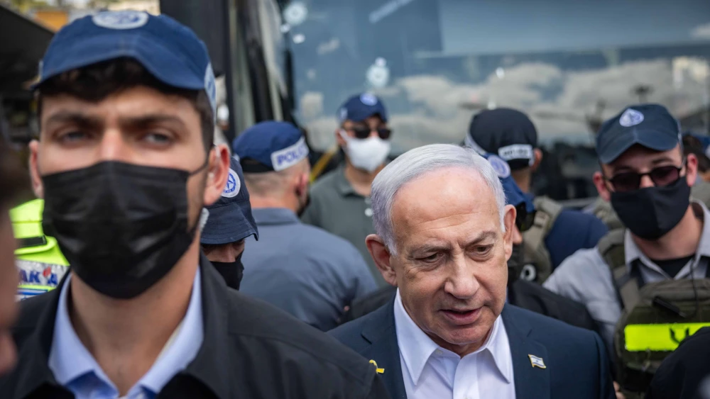 Israeli Prime Minister Benjamin Netanyahu at the scene of a terror attack at the Ramot Junction in Jerusalem, Sept. 8, 2025. Photo by Chaim Goldberg/Flash90.