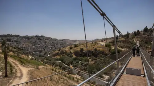 View of a rope bridge crossing from the Ben Hinnom valley to Mount Zion, in the Old city of Jerusalem, on July 30, 2023. Photo by Chaim Goldberg/Flash90.