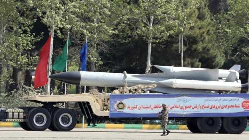A military truck carries missiles during a parade in Tehran marking Islamic Republic of Iran Army Day, April 17, 2024. Photo by Atta Kenare/AFP via Getty Images.
