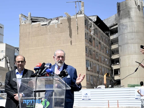U.S. Ambassador Mike Huckabee with Soroka Director General Prof. Shlomi Codish at the missile strike site, Soroka Medical Center, Beersheba, Israel, June 26, 2025. Photo by David Azagury, U.S. Embassy Jerusalem.