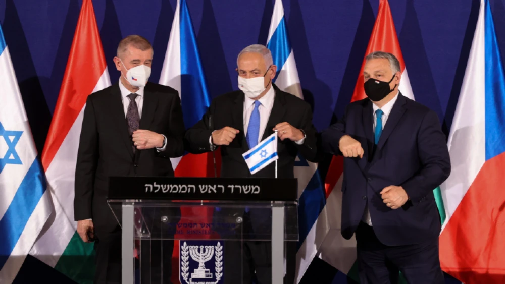 Israeli Prime Minister Benjamin Netanyahu, Hungarian Prime Minister Viktor Orbán and Czech Prime Minister Andrej Babiš hold a press conference in Jerusalem on March 11, 2021. Photo by Alex Kolomoisky/POOL.