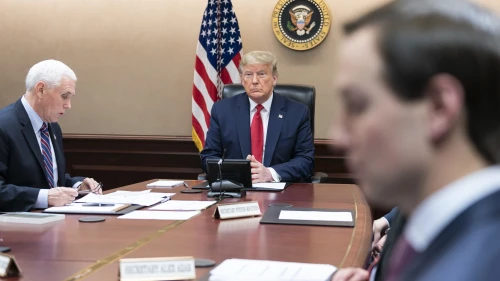 U.S. President Donald Trump, joined by Vice President Mike Pence and members of the White House Coronavirus Task Force, participates in a video teleconference with governors to discuss the response to the pandemic, March 26, 2020, in the White House Situation Room. Credit: Shealah Craighead/The White House.