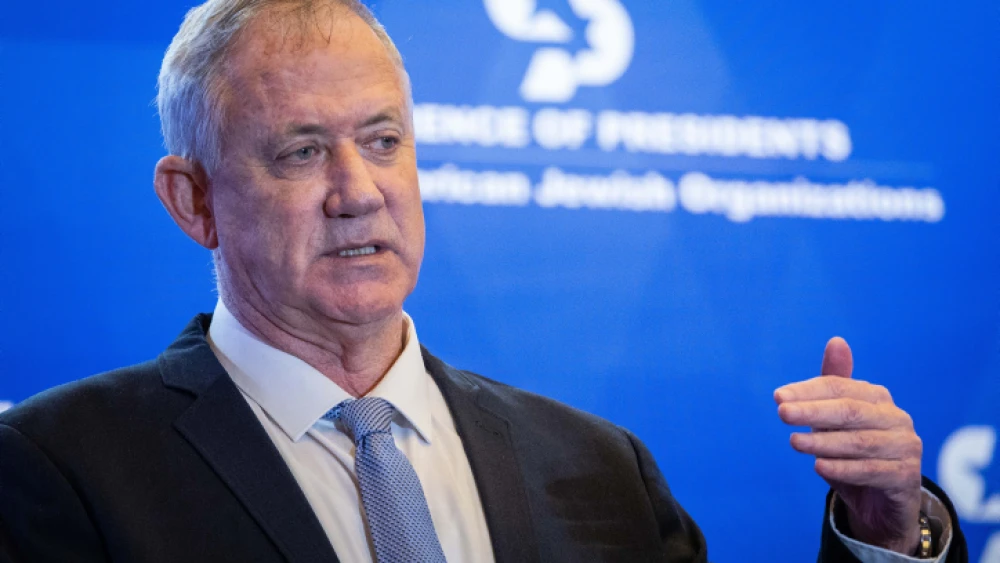 Israeli Defense Minister Benny Gantz addresses the Conference of Presidents of Major American Jewish Organizations in Jerusalem, Feb. 22, 2022. Photo by Yonatan Sindel/Flash90.