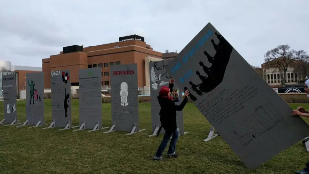 The erection of an “Apartheid Wall” on the University of Minnesota campus. Source: University of Minnesota Students for Justice in Palestine via Facebook.