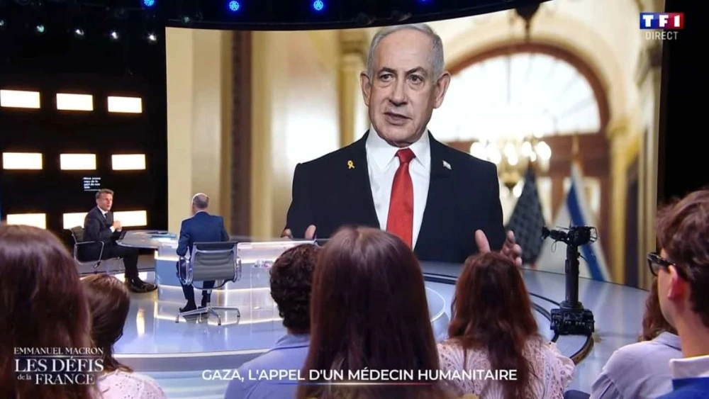 French President Emmanuel Macron interviewed on France television channel TF1, May 13, 2025. Credit: YouTube/TF1 Info.