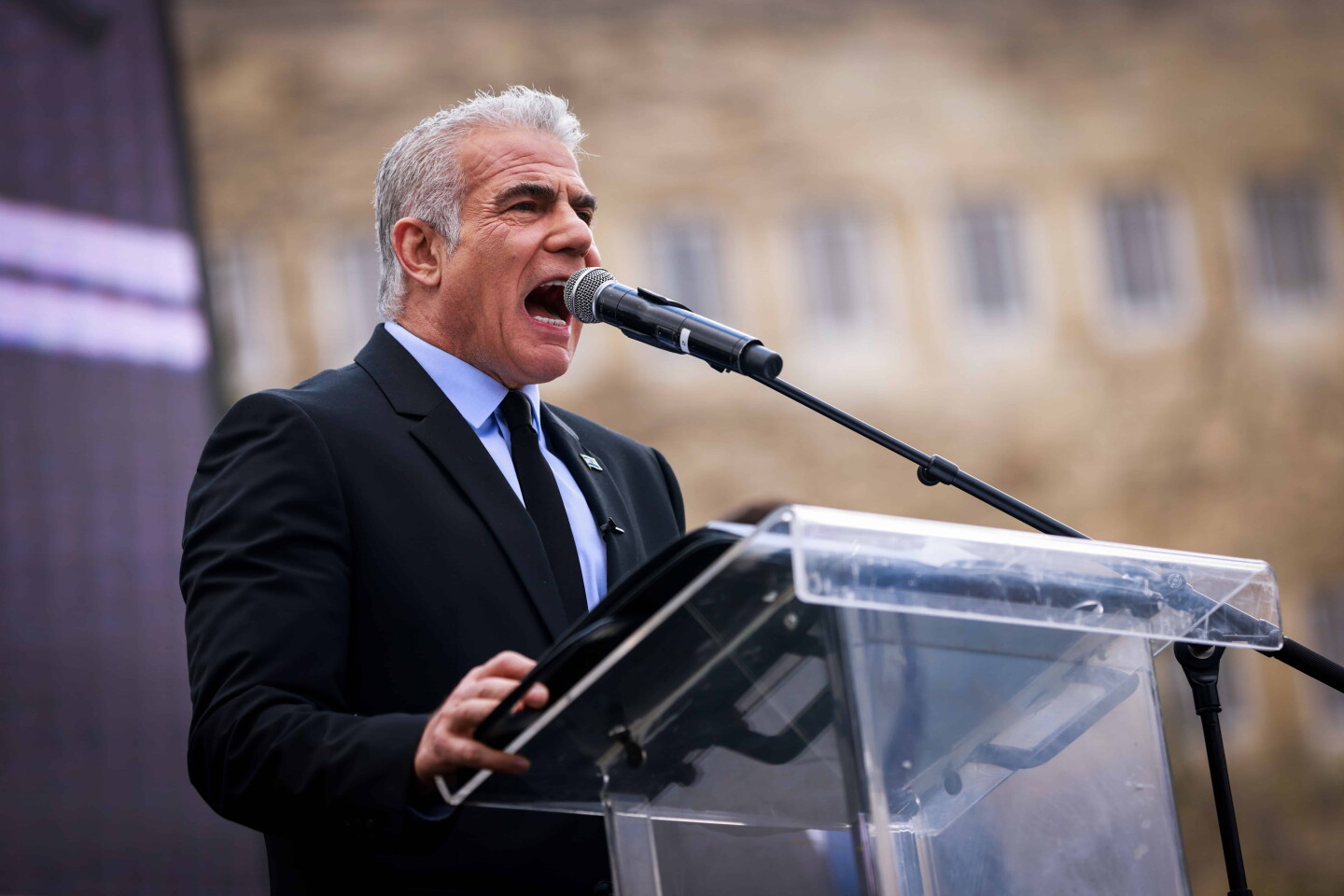 Israeli opposition leader Yair Lapid (Yesh Atid Party) at a protest outside the Israeli parliament in Jerusalem March 27, 2023. Photo by Erik Marmor/Flash90.