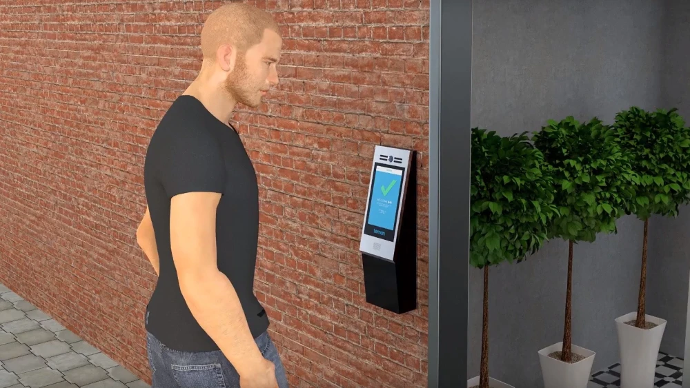 A CGI example of the GateGuard™ face-recognition intercom and AI doorman system in use. Credit: Screenshot.