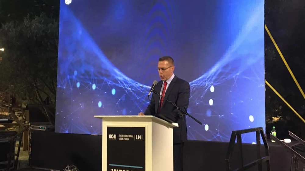 Israel's Strategic Affairs Minister Gilad Erdan addresses the Annual Global Coalition 4 Israel (GC4I) Forum anti-BDS conference in Jerusalem. Credit: Ministry of Strategic Affairs via Twitter.