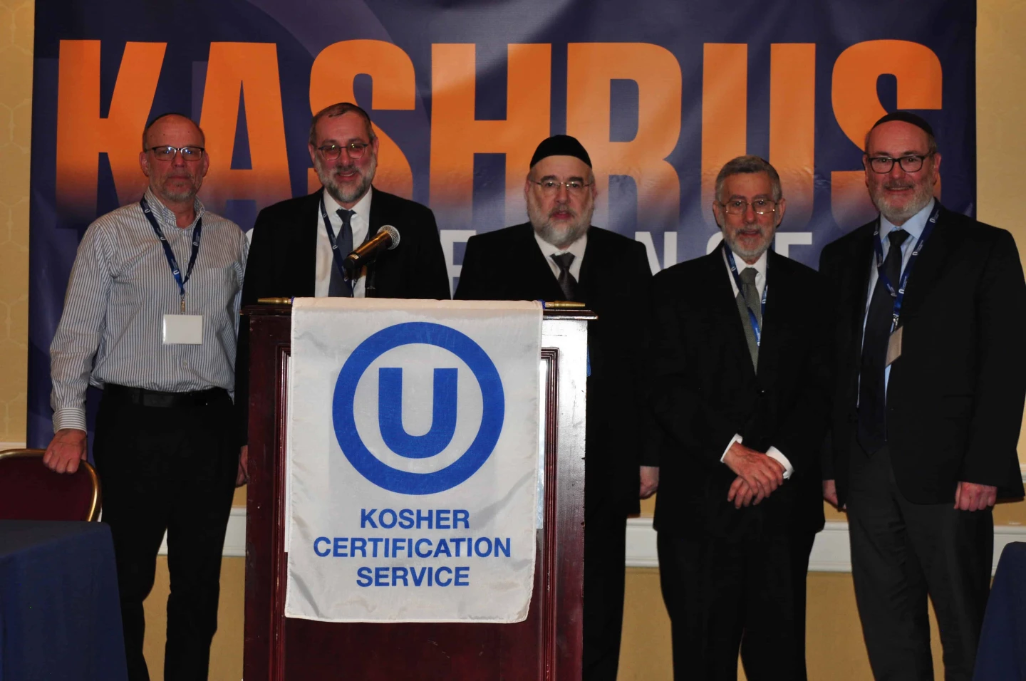 Attending the OU Kosher Kashrus Conference are (from left) OU Kosher chairman Dr. Joshua Penn; OU Kosher vice chairman Rabbi Yosi Heber; OU Kosher COO Rabbi Moshe Elefant; OU Kosher CEO Rabbi Menachem Genack; and OU president Mitchel Aeder. Credit: Courtesy.