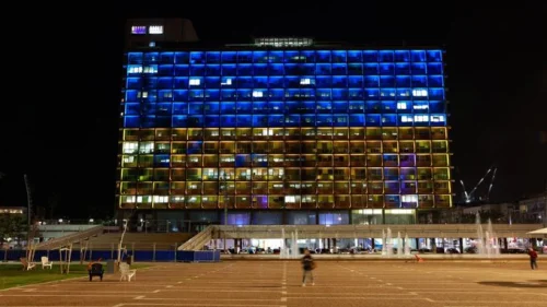 Tel Aviv City Hall lights up with the Ukrainian flag, Feb. 27, 2022. Source: Twitter.