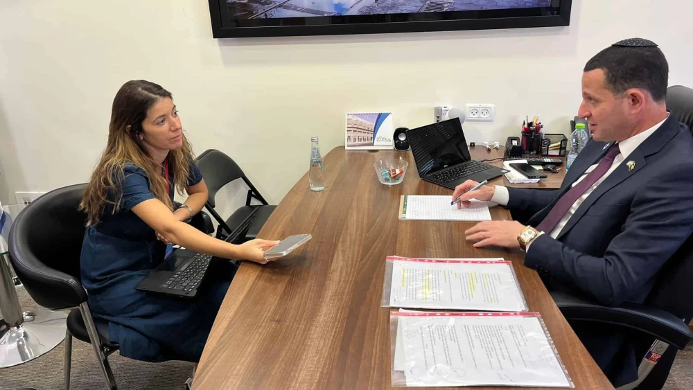 JNS correspondent Amelie Botbol interviews Religious Zionism MK Ohad Tal in his Knesset office in Jerusalem, Nov. 24, 2025. Credit: Ohad Tal.