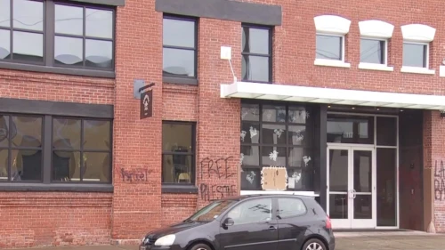 Shalom Y'all, an Israeli restaurant in Portland, Ore., was vandalized with pro-Palestinian graffiti at its three locations. Source: Screenshot.