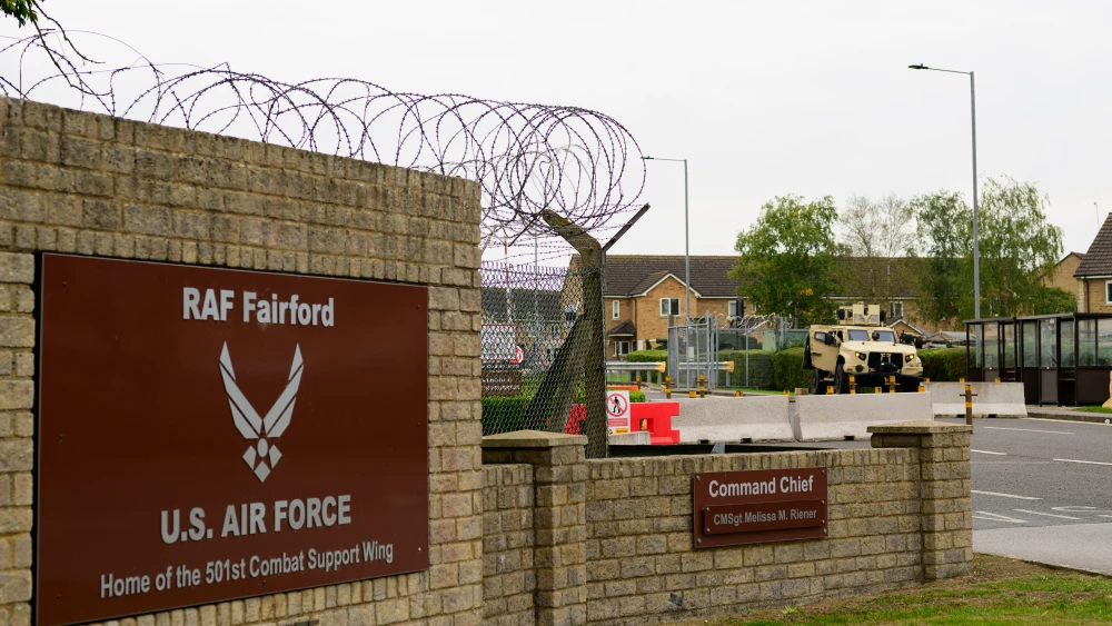 The main gate of RAF Fairford in Fairford, United Kingdom, is pictured on Sept. 27, 2026. Photo by David Bown/Getty Images.