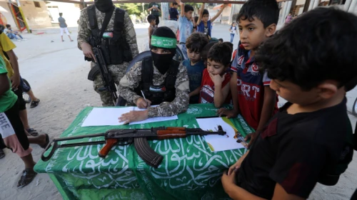 Hamas terrorists register Palestinian children for “Saif Al-Quds” camps in Rafah, in the southern Gaza Strip, on June 14, 2021. Photo by Abed Rahim Khatib/Flash90.