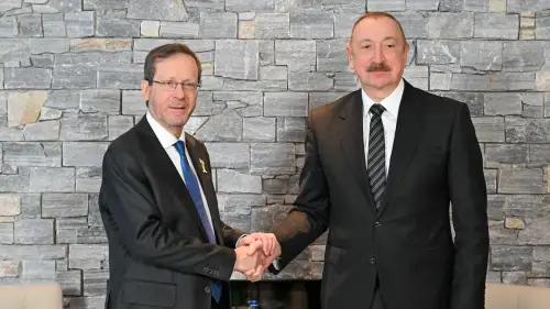 Israeli President Isaac Herzog during a meeting with Azerbaijani President Ilham Aliyev on the sidelines of the World Economic Forum Annual Meeting in Davos, Switzerland, Jan. 21, 2026. Photo by Kobi Gideon/GPO.