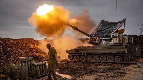 Israeli artillery firing into Lebanon, Jan. 15, 2024. Photo by Yonatan Sindel/Flash90.