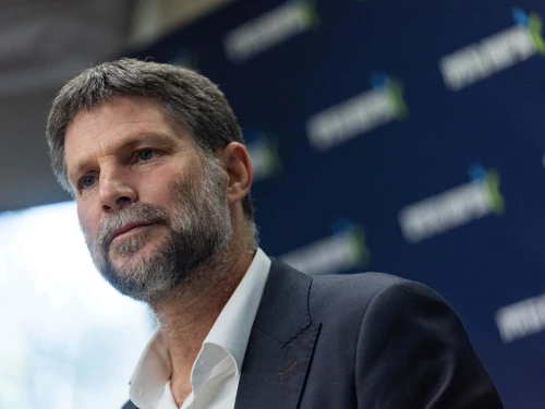 Israeli Finance Minister Bezalel Smotrich (Religious Zionism Party) leads a faction meeting at the Knesset, the Israeli parliament in Jerusalem, Feb. 23, 2026. Photo by Yonatan Sindel/Flash90.