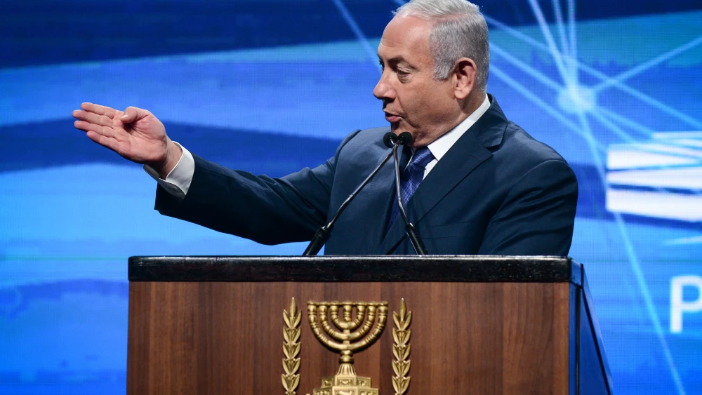 Israeli Prime Minister Benjamin Netanyahu speaks at the Israel-China Joint Committee on Innovation Cooperation in at the Peres Center for Peace and Innovation in Tel Aviv on Oct. 25, 2018. Photo by Tomer Neuberg/Flash90.