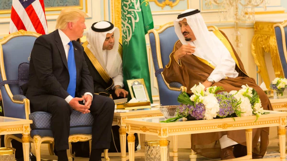 Former President Donald Trump and King Salman bin Abdulaziz Al Saud of Saudi Arabia talk together during ceremonies at the Royal Court Palace in Riyadh, Saudi Arabia, on May 20, 2017. Credit: Official White House Photo Shealah Craighead.