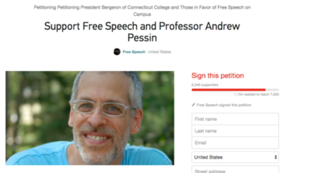 Click photo to download. Caption: A change.org petition on the free speech rights of Connecticut College philosophy professor Andrew Pessin. Credit: Screenshot of change.org.