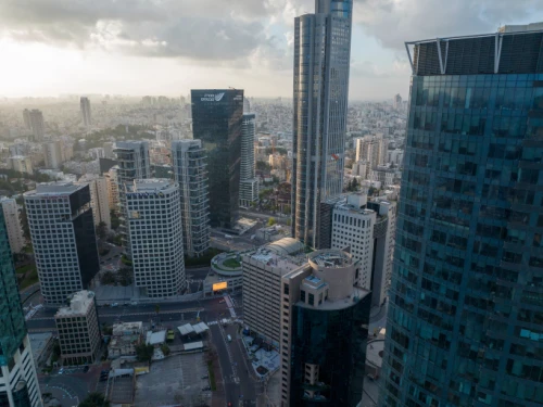 An ariel view shows the The Tel Aviv Stock Exchange and the surroundings, April 20, 2022. Photo by Matanya Tausig/Flash90