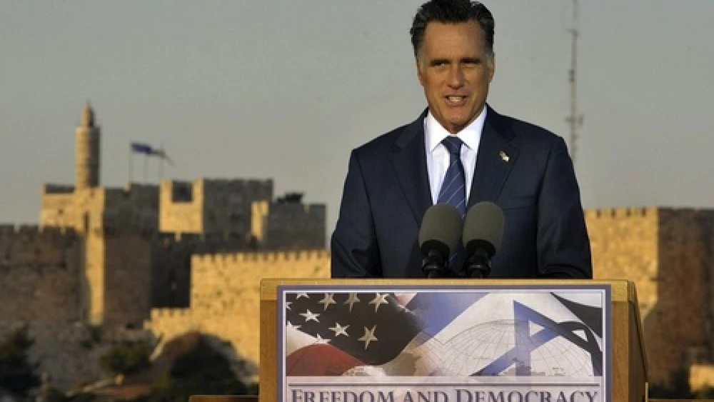 The Tower of David in Jerusalem's Old City is seen in the background as Republican presidential candidate Mitt Romney speaks on Sunday. Credit: Yoav Ari Dudkevitch/FLASH90.