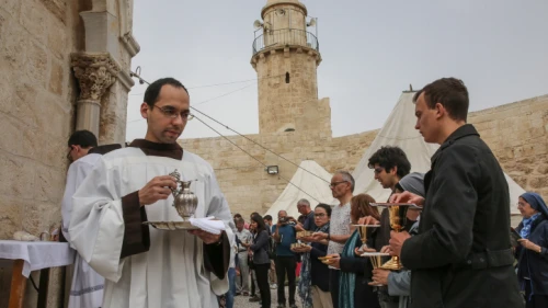 Worshippers visit the Chapel (and Mosque) of the Ascension, a Christian and Muslim shrine located on the Mount of Olives, during the Ascension holiday, on May 10, 2018. Photo by Yossi Zamir/Flash90