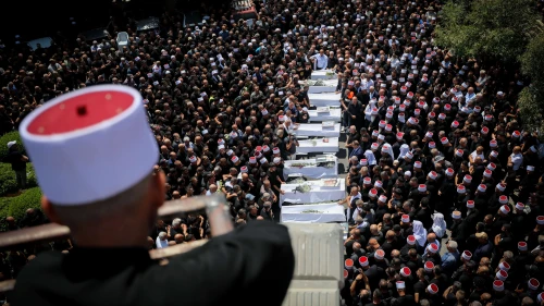 Family and friends attend the funeral service of Druze children who were killed at a soccer field from a missile fired from Lebanon, in the Druze village of Majdal Shams, in the Golan Heights, July 28, 2024. Photo by Jamal Awad/Flash90.
