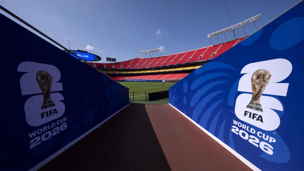 A general view of FIFA World Cup 2026 signage at Kansas City Stadium in Kansas City, Miss., on June 8, 2026. Photo by Jay Biggerstaff/Getty Images.