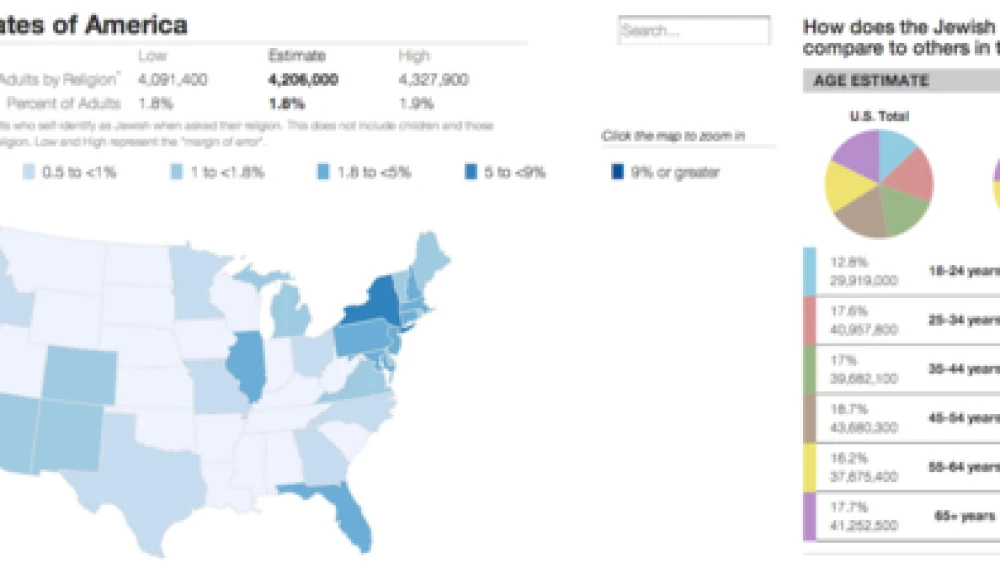 Click photo to download. Caption: A new interactive map of the U.S. Jewish population from the Steinhardt Social Research Institute. The map can be found at ajpp.brandeis.edu. Credit: American Jewish Population Project.