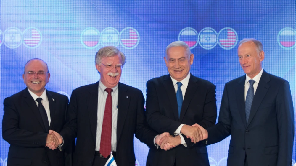 Israeli Prime Minister Benjamin Netanyahu, U.S. National Security Advisor John Bolton, Nikolai Patrushev, secretary of the Russian Security Council (right) and Israeli national-security adviser Meir Ben-Shabbat during the opening statements of a trilateral meeting at the Orient Jerusalem on June 25, 2019. Photo By Noam Revkin Fenton/Flash90.