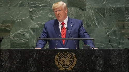 U.S. President Donald Trump addresses the annual U.N. General Assembly in New York on Sept. 24, 2019. Credit: UN Photo/Cia Pak.