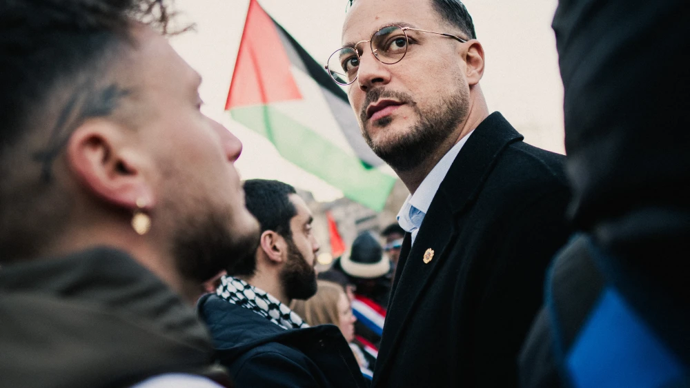 French lawmaker Sebastien Delogu attends an anti-Israel rally in Paris, France on March 18, 2025. Photo by BASTIEN OHIER/Hans Lucas/AFP via Getty Images.