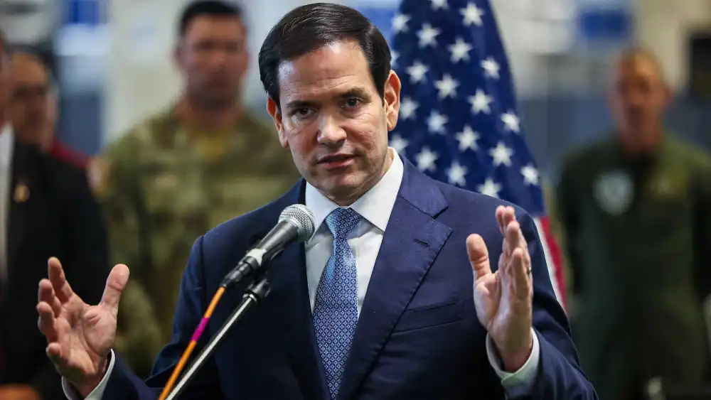 U.S. Secretary of State Marco Rubio holds a press conference at the Civil-Military Coordination Center in Kiryat Gat, Oct. 24, 2025. Photo by Fadel Senna/AP/POOL.