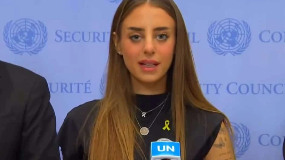 Mia Shem speaks at a press conference outside the U.N. Security Council in New York on Nov. 6, 2024. Photo courtesy of Israeli Ambassador to the U.N. Danny Danon.