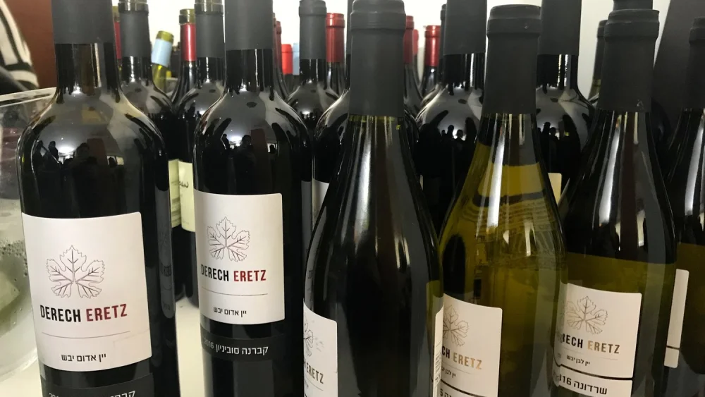 Bottles from the Derech Eretz winery at the Sommelier 2018 exhibition in Tel Aviv. Credit: Eliana Rudee.