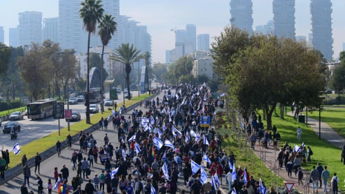 Israelis take to the streets of Tel Aviv during a general strike against the government's proposed judicial reforms, Feb. 13, 2023. Credit: Tomer Neuberg/FLASH90.