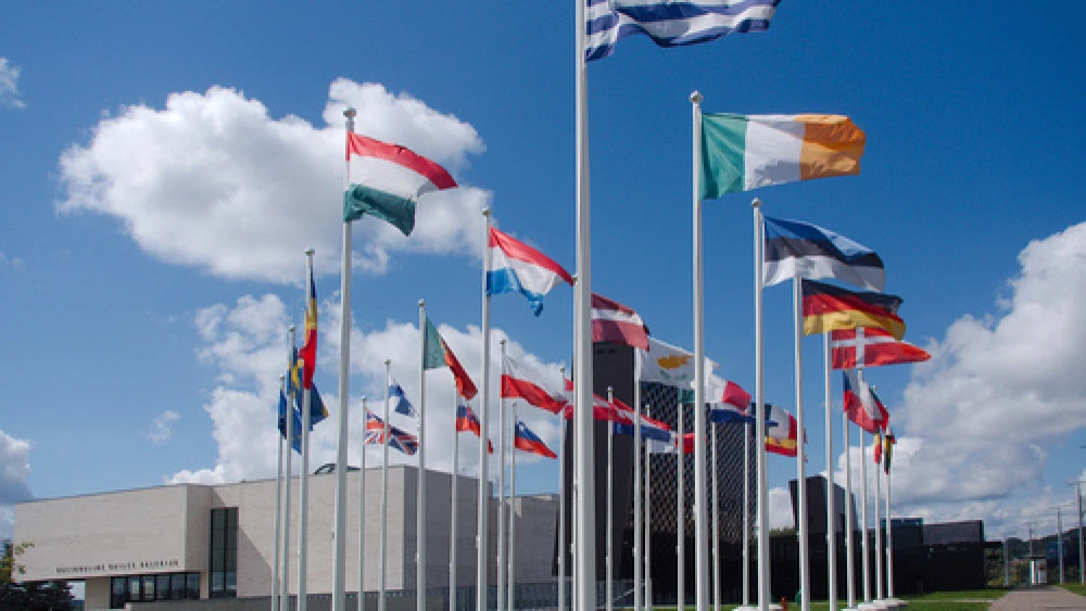 Flags of European Union member nations near Europa Square in Vilnius, Lithuania. Credit: Šarūnas Burdulis via Wikimedia Commons.
