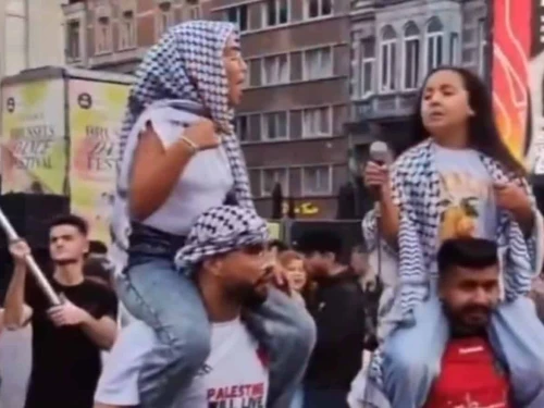 Girls singing praises to Yahya Sinwar and other Palestinian terrorists in Brussels, Belgium, August 2025. Source: Sam van Rooy/X.