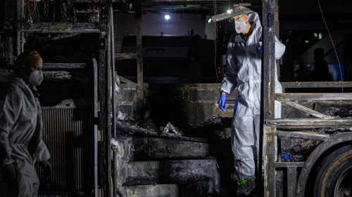 Israeli security forces at the scene of a bus bombing, in Bat Yam, central Israel, Feb. 20, 2025. Photo by Chaim Goldberg/Flash90.