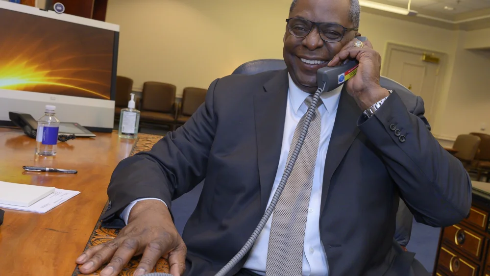 U.S. Secretary of Defense Lloyd Austin on the phone with Australia’s Defense Minister Linda Reynolds. Source: Lloyd Austin/Twitter.