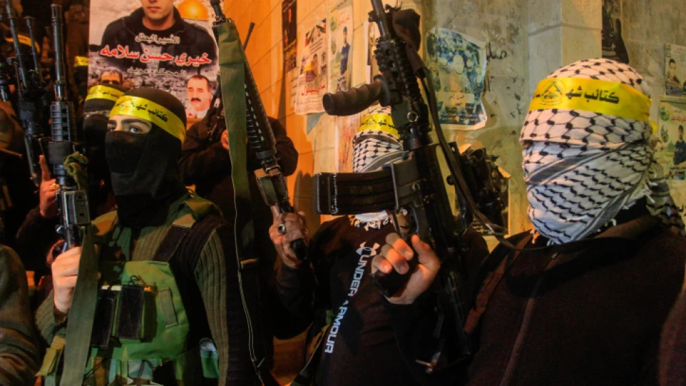 Palestinian terrorists participate in a military parade in Nablus on March 14, 2023. Photo by Nasser Ishtayeh/Flash90.