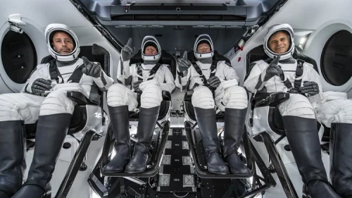 From left: Ax-1 mission specialist Mark Pathy, pilot Larry Connor, commander Michael López-Alegría and mission specialists Eytan Stibbe. Image courtesy of SpaceX.