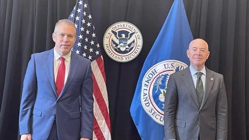 Israeli Ambassador to the United Nations Gilad Erdan (left) with U.S. Homeland Security Department Secretary Alejandro Mayorkas, August 2021. Source: Gilad Erdan via Twitter.