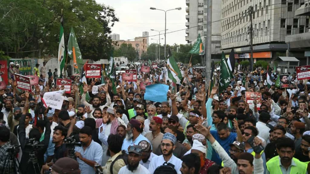 Tehreek-e-Labbaik Pakistan (TLP) party activists protest in Karachi to condemn Israel's attack on Hamas terrorists in Rafah, May 10, 2024. Photo by Asif Hassan/AFP via Getty Images.