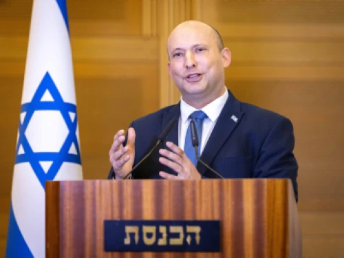 Then-Israeli Prime Minister Naftali Bennett holds a press conference at the Knesset, announcing he will not be running in the next election, June 29, 2022. Photo by Olivier Fitoussi/Flash90.