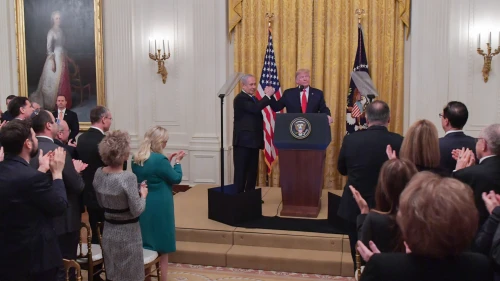 U.S. President Donald Trump and Israeli Prime Minister Benjamin Netanyahu at the White House following the unveiling of the U.S. Middle East peace plan on Jan. 28, 2020. Photo by Kobi Gideon/GPO.